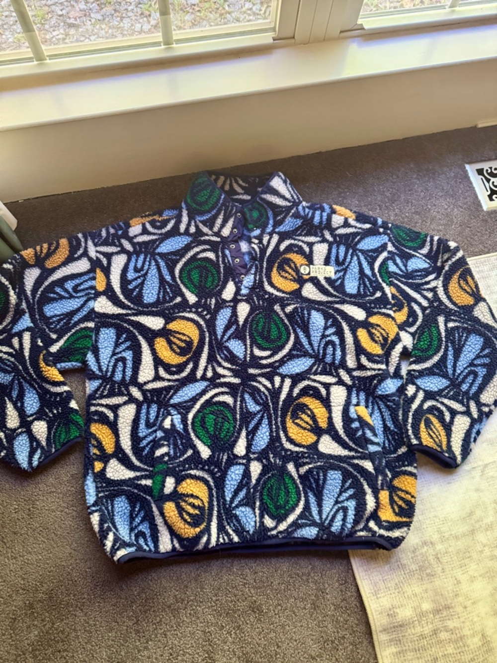 Parks Project Blue Green Pullover Sweatshirt Snap Collar XL Abstract